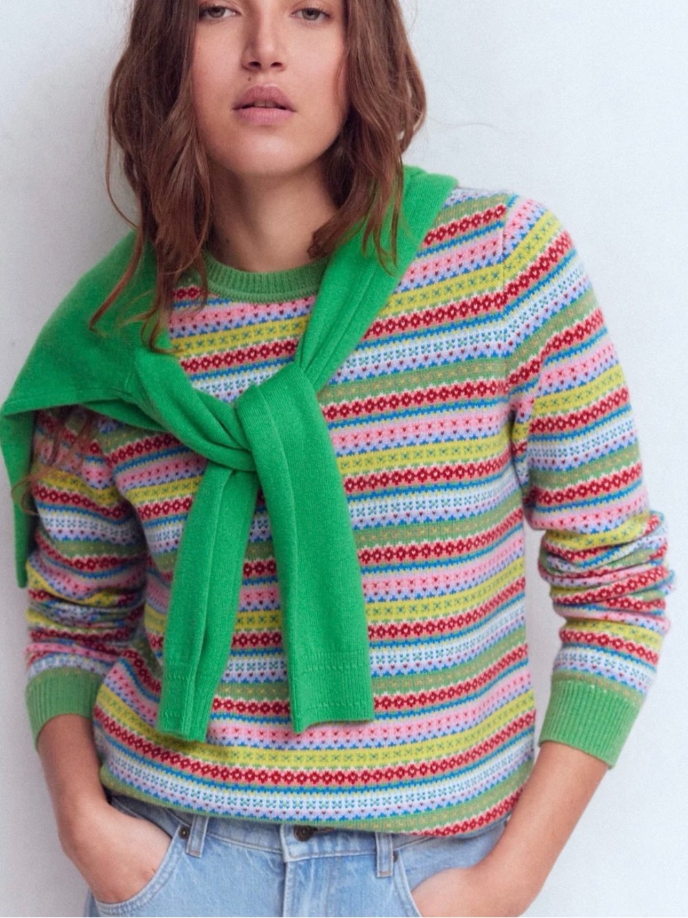 Boden Edie Fair Isle Crewneck Sweater Multicolor Heritage Geo Wool Blend M